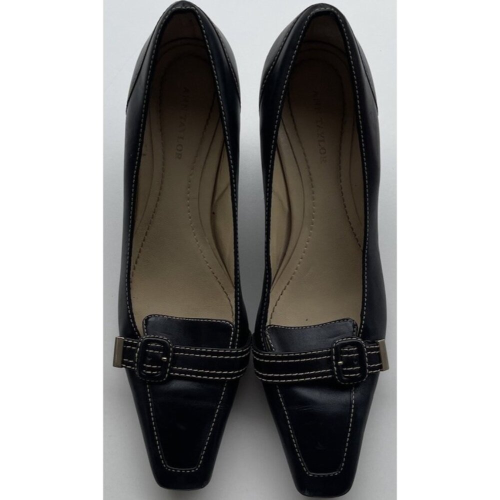 Vintage Ann Taylor Womens Black Kitten Heels w/Square Toes Buckle Stiched Sz 7